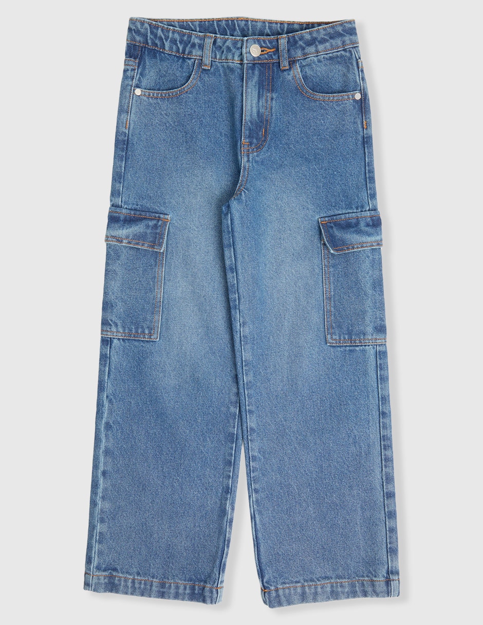 Jeans cargo amplio deslavado para niña Jeans cargo amplio deslavado para niña