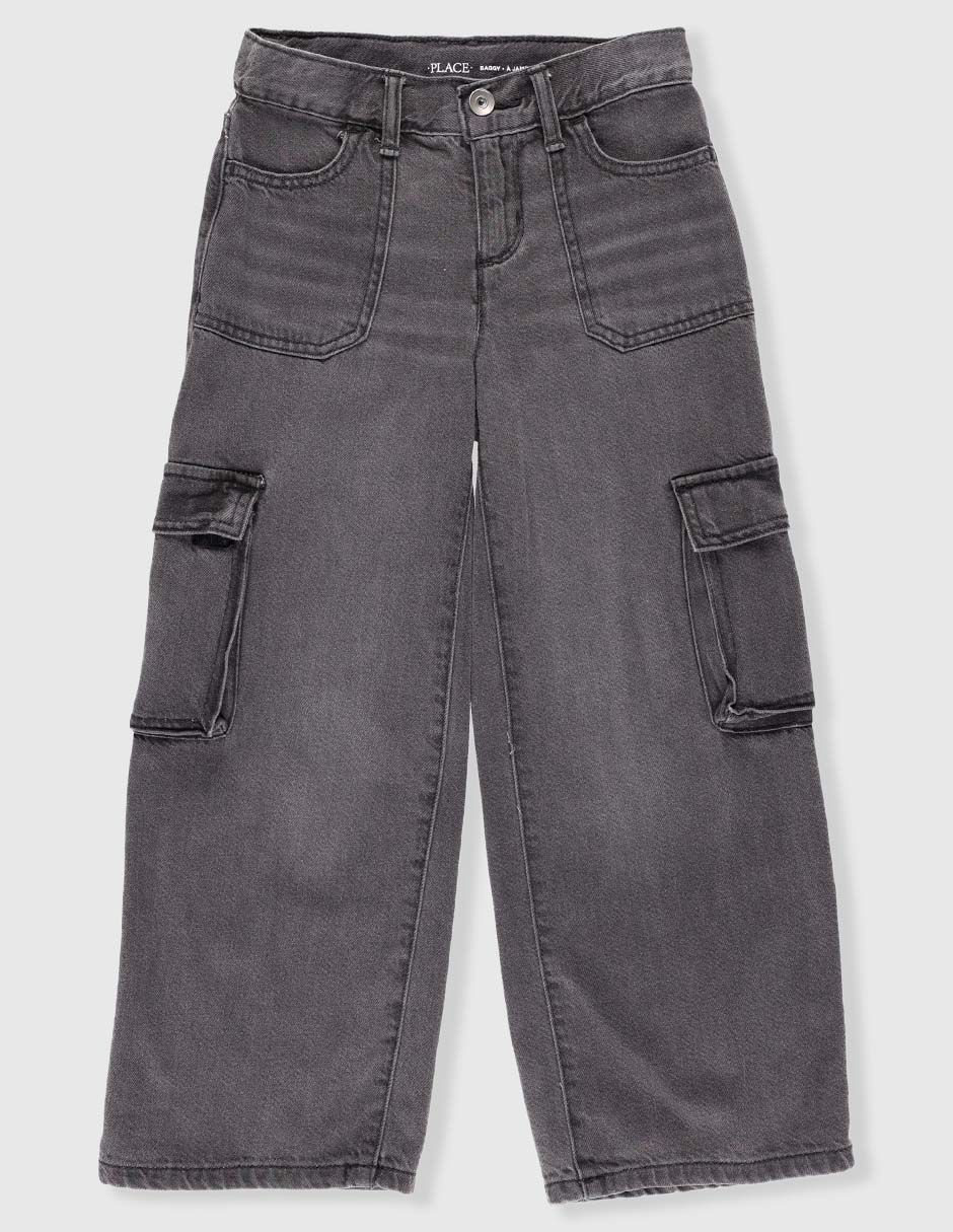 Jeans cargo amplio lavado obscuro para niña Jeans cargo amplio lavado obscuro para niña