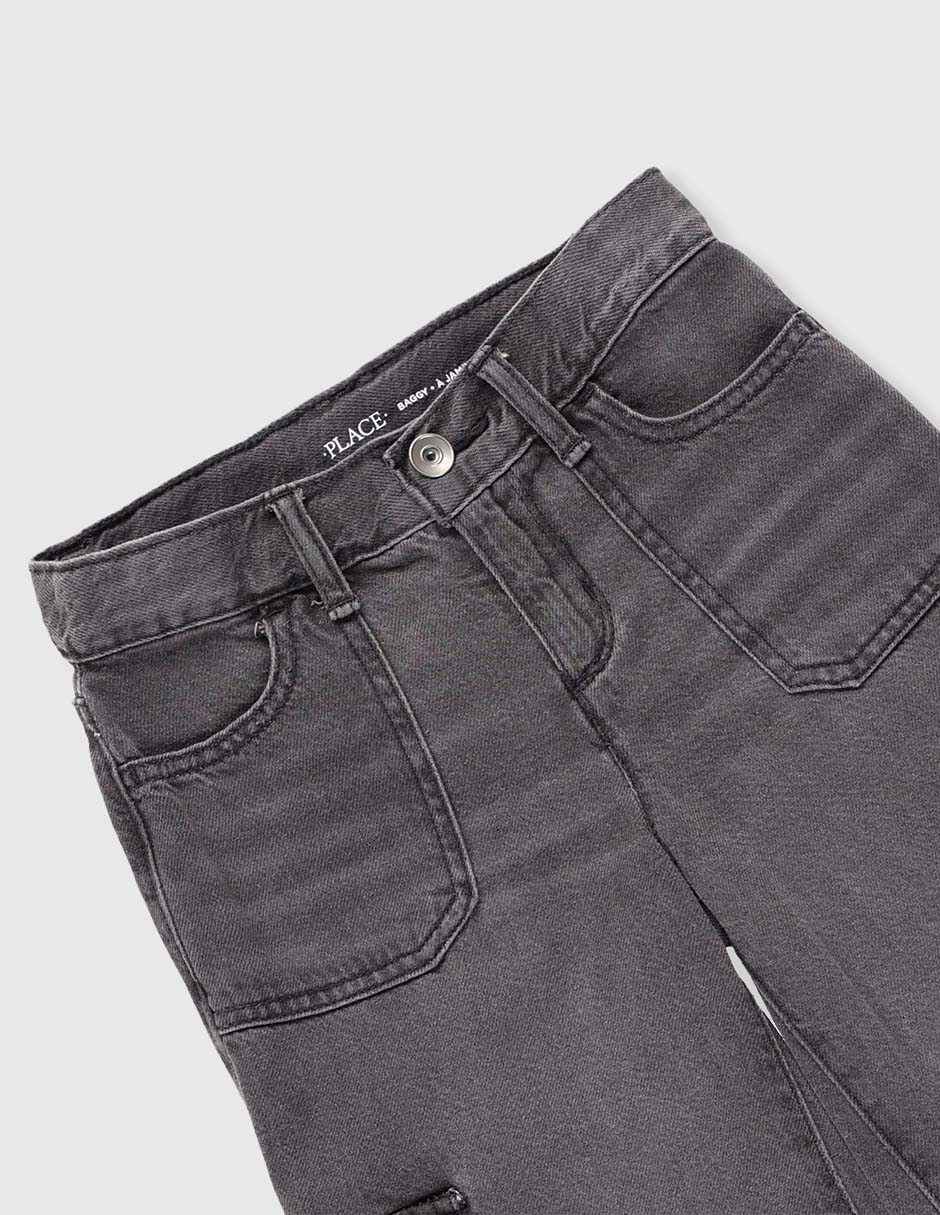 Jeans cargo amplio lavado obscuro para niña 3