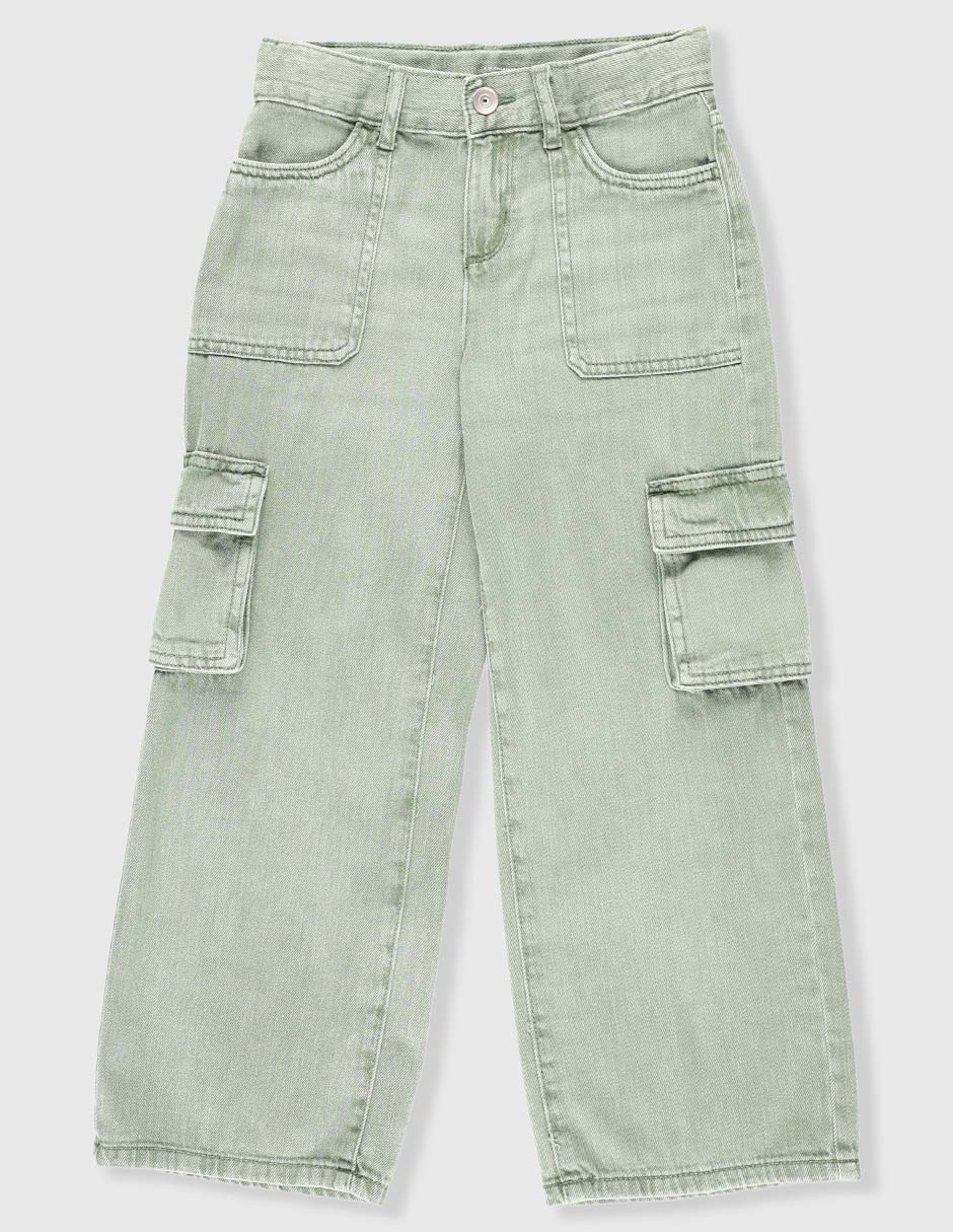 Jeans cargo amplio lavado claro para niña Jeans cargo amplio lavado claro para niña