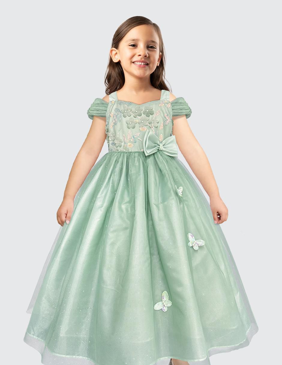 Vestido Fiesta manga con pliegues para niña